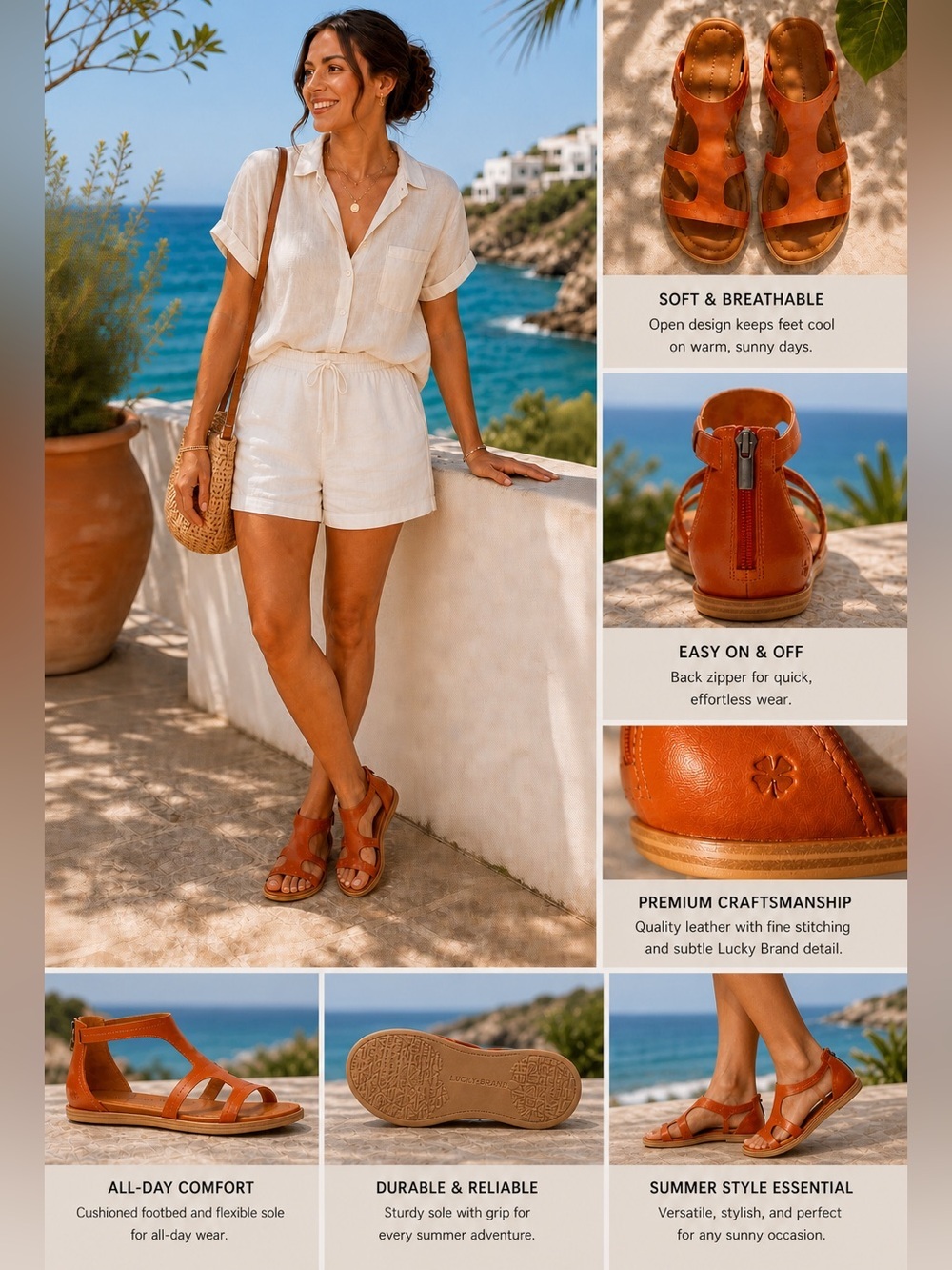 NEW Lucky Brand Nayda Caged Sandals Women's Size 8.5 M Flat Cognac Zip Spice